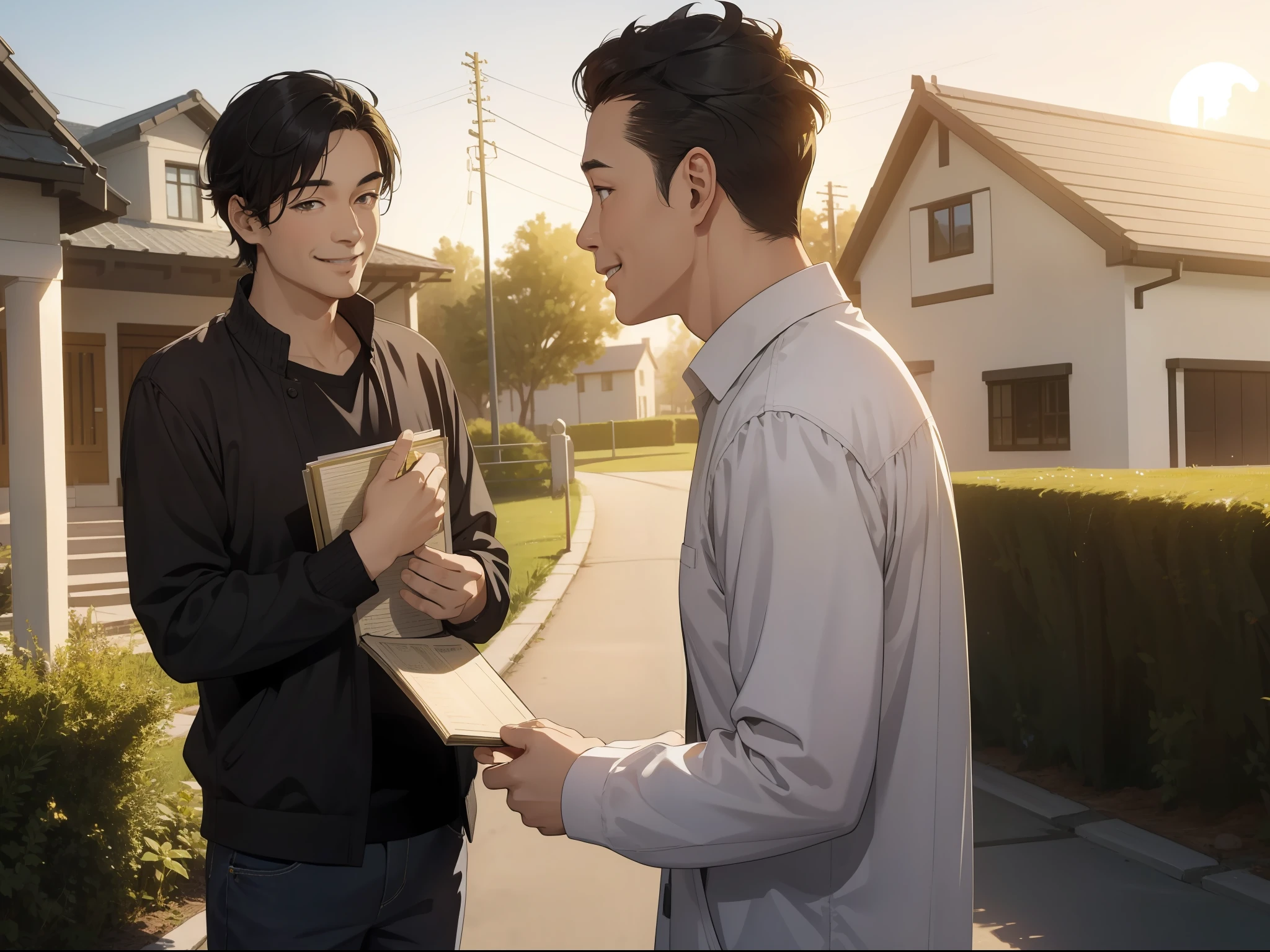 Masterpiece, Best quality,Father with short black hair，Look at the book in your hand，Smiling,Realisticstyle,The golden light of the setting sun shines in front of the new house;