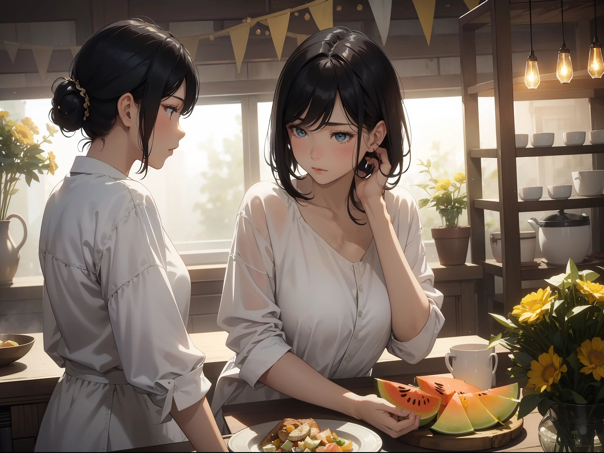 Masterpiece, Best quality,Short black hair, Fair complexion, Melon seed face、The girl in white T-blue jeans explained to her round-faced father,Realisticstyle,The dishes on the table were steaming,Warm yellow lights illuminated both sides of the two;