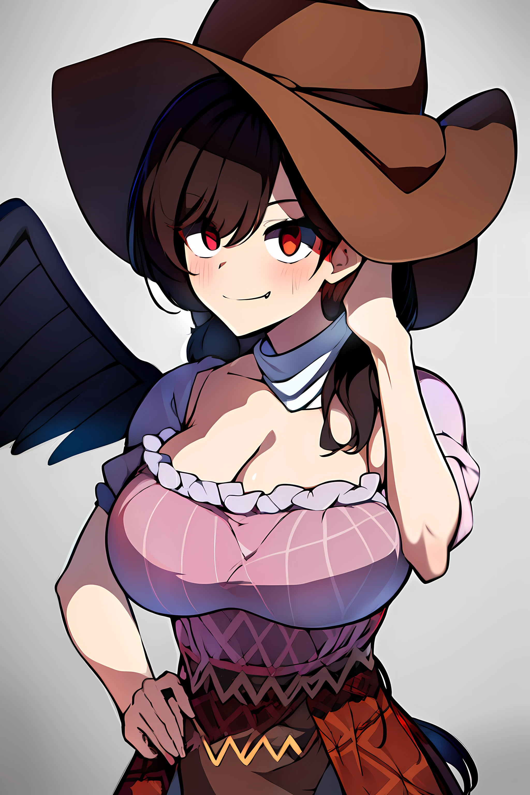 (masterpiece),best quality, expressive eyes, perfect face, 1girl,
big breast, H-cup, good breast, beautiful, gorgeous,anime,girl,lora, floating clothes, tent chest ,
 nipple visible  though clothes,Saki Kurokoma,
red eyes,
black hair,
short hair,
long ponytail,
black wings,
black horse tail,
brown cowboy hat,
brown boots,
light blue plaid shirt,
light pink shirt,
brown plaid skirt,
light orange skirt,
shoulders,
white bandana tied around neck,hands on waist, hands on hips,crazy smile,yameroyandere,yandere,crazy eyes,dark,glowing eyes,shaded face,empty eyes