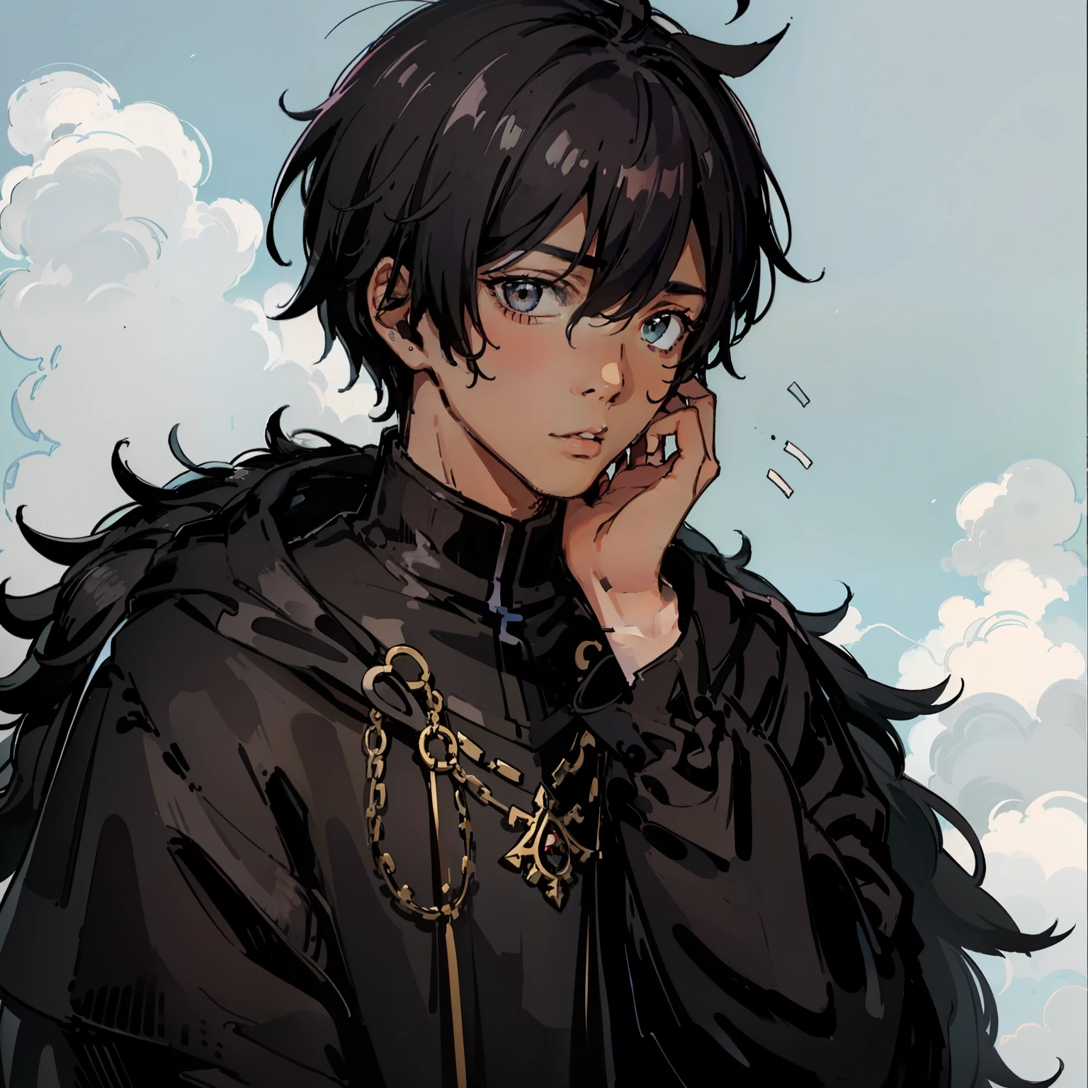 Anime - style image of a man with a black coat and a chain around his neck  - SeaArt AI