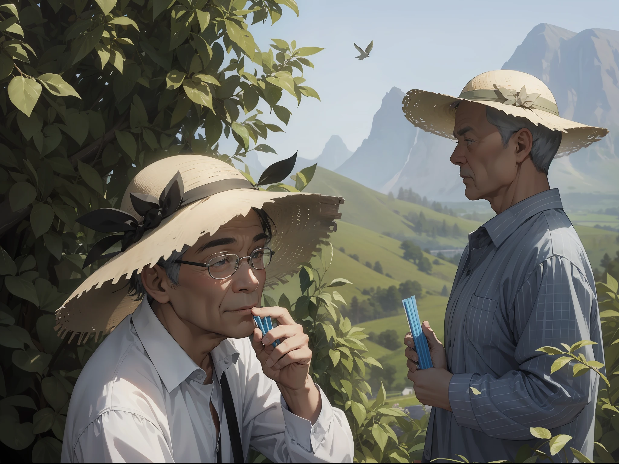 Masterpiece, Best quality,1 The gray-haired old man，Playing the machine，Face full of wrinkles。Wearing a straw hat，with a round face，Stroll the mountain path,Realisticstyle,shadow of the tree,Birds fly in the distance，