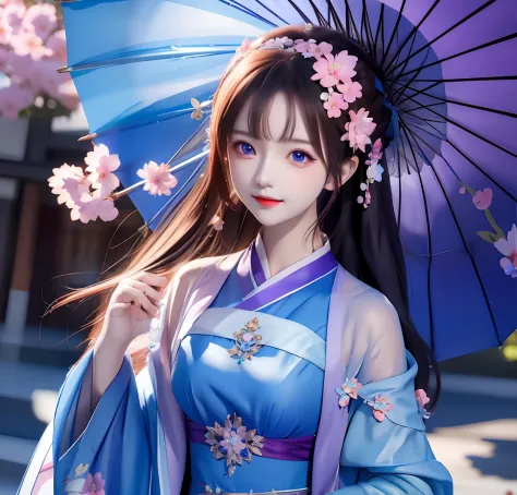 anime girl with a blue umbrella and a purple dress, beautiful character painting, realistic ,ultra detail ,70 mm lens