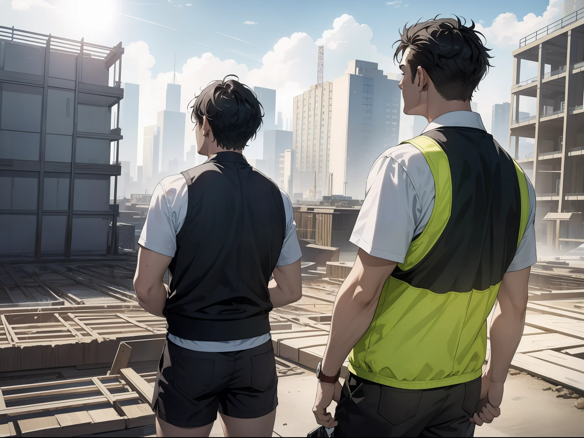 Masterpiece, Best quality,1 Middle-aged man,Calling a cell phone，Gilet blanc，Black  shorts，Realisticstyle,The sun shines on the sweaty back,Building construction site,