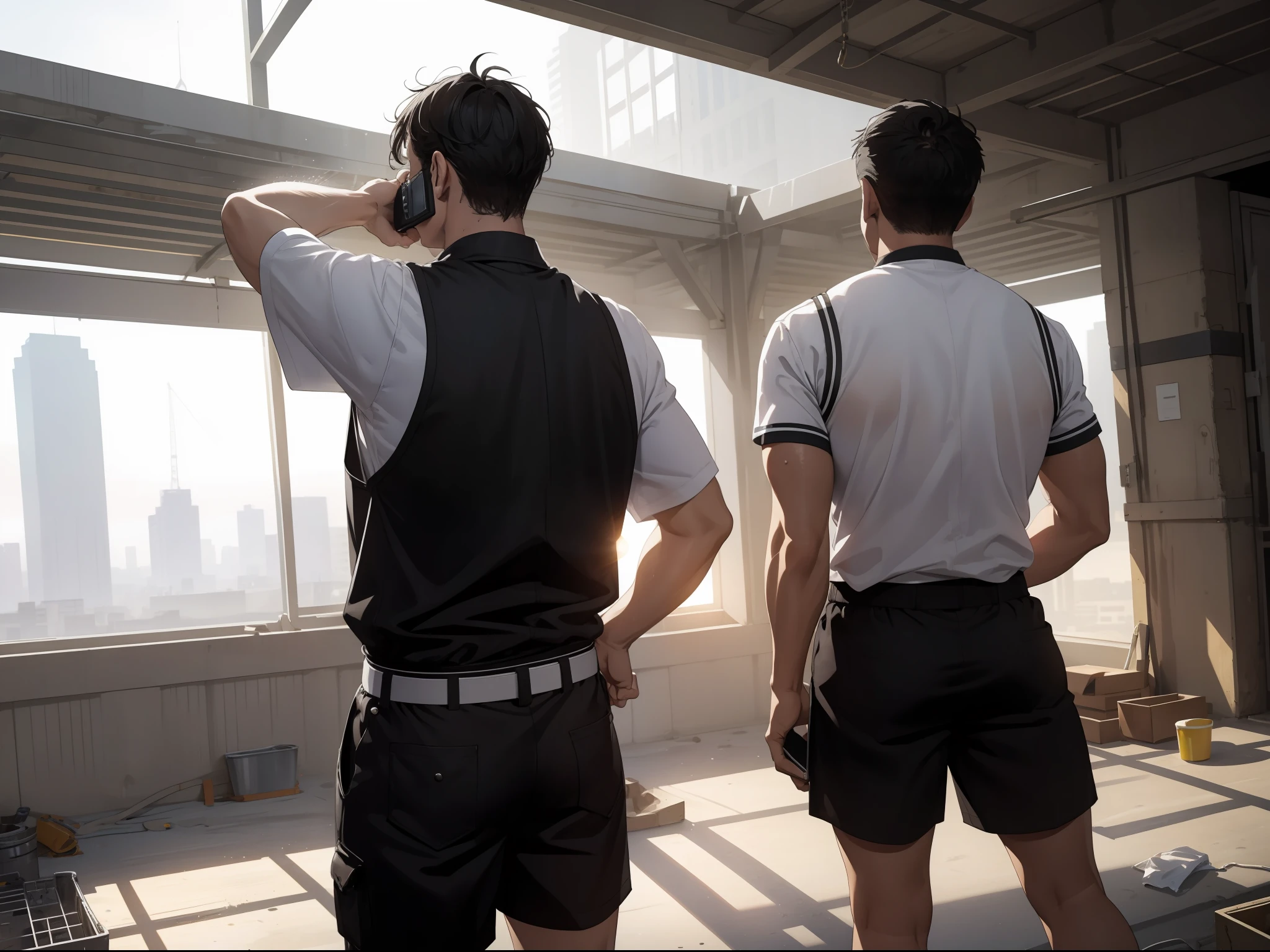 Masterpiece, Best quality,1 Middle-aged man,Calling a cell phone，Gilet blanc，Black  shorts，Realisticstyle,The sun shines on the sweaty back,Building construction site,