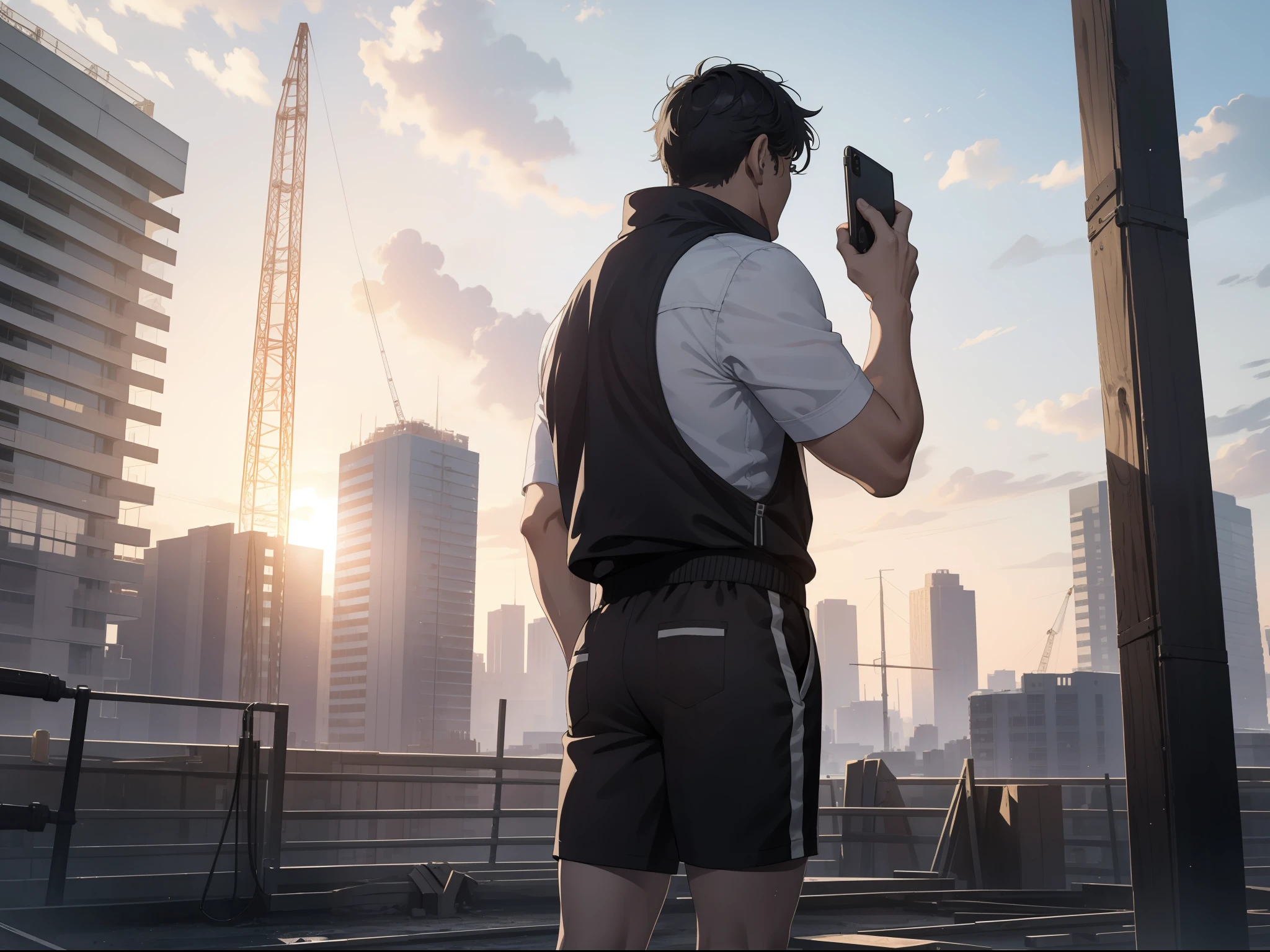 Masterpiece, Best quality,1 Middle-aged man,Calling a cell phone，Gilet blanc，Black  shorts，Realisticstyle,The sun shines on the sweaty back,Building construction site,