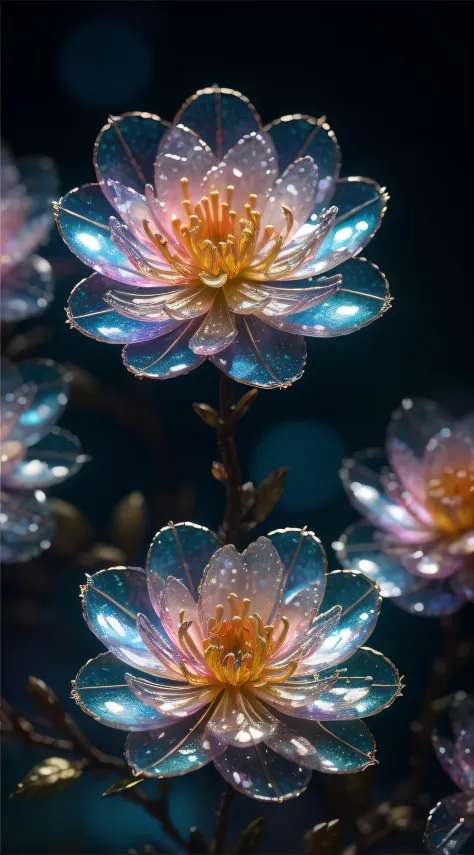 crystal spring blossom,
fantasy, galaxy, transparent, 
shimmering, sparkling, splendid, colorful, 
magical photography, dramatic lighting, photo realism, ultra-detailed, 4k, Depth of field, High-resolution