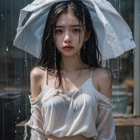 Best picture quality, masterpiece, ultra high resolution, (fidelity :1.4), photo, 1 girl,[(sadness)],white shirt, Dim, dark, desperate, pitying, pitiful, cinematic,tear,teardrop,(Torn clothes:1.5), (Wet clothes:1.4), bare shoulders,Real rain,wet hair,..