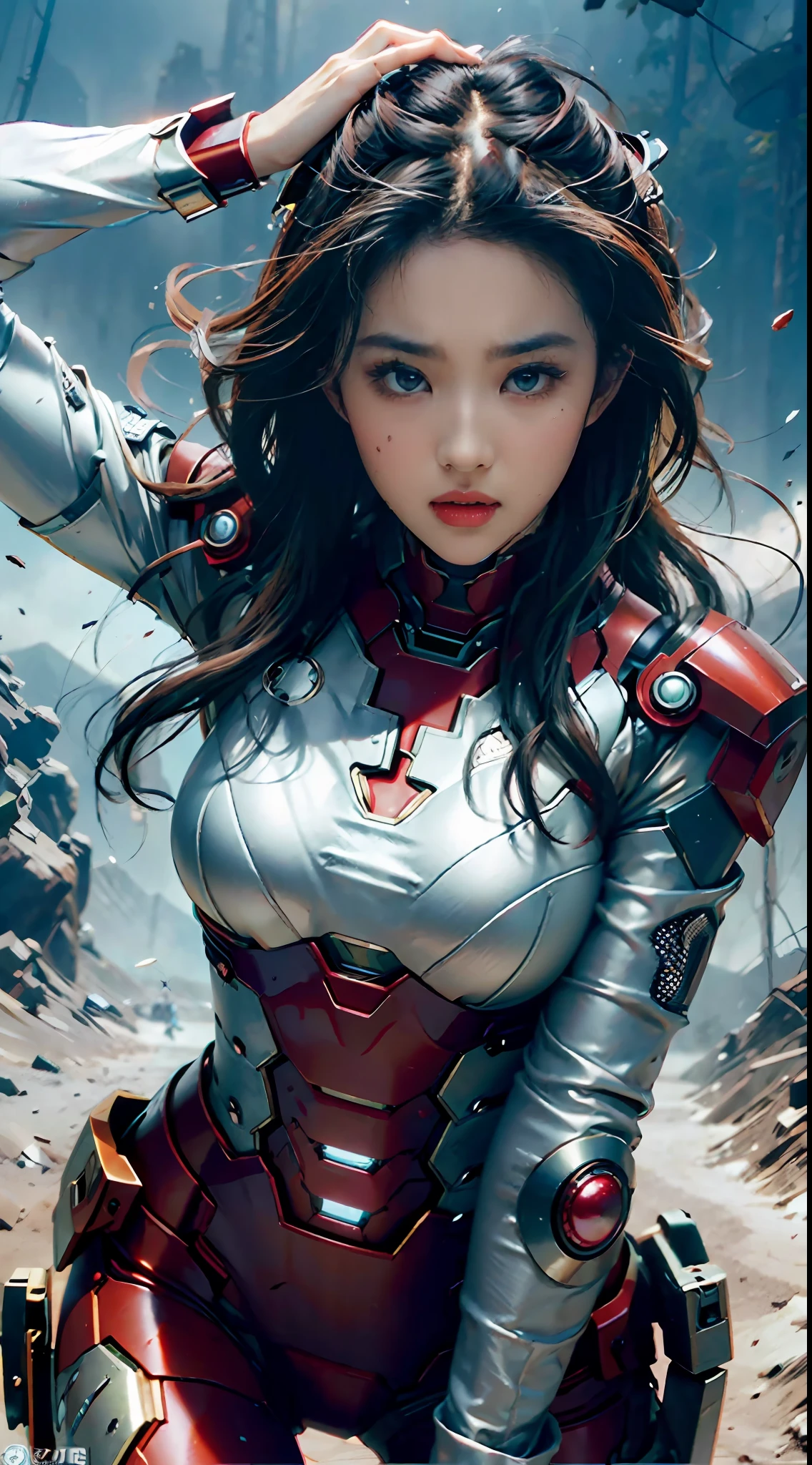 RAW， tmasterpiece， ultra fine photos， ， best qualtiy， hyper HD， realisticlying， rays of sunshine， full-body portraits， stunningly beautiful， Fighting posture， delicated face， eyes with brightness， （up front view， full bodyesbian）， She wears a futuristic Iron Man mech， Blue and yellow and green color scheme， Highly detailed destruction of Iron Man background， 详细的脸， Detailed and complex busy background， Messy and gorgeous， Lush plump breasts， highdetailskin， Realistic details of skin， Visible Pore， Sharp focus， volume fog， 8K UHD， digital SLR camera， high high quality， filmgrain， Fair skin， photorealisti， Lomography， look from down， Translucent is very exposed