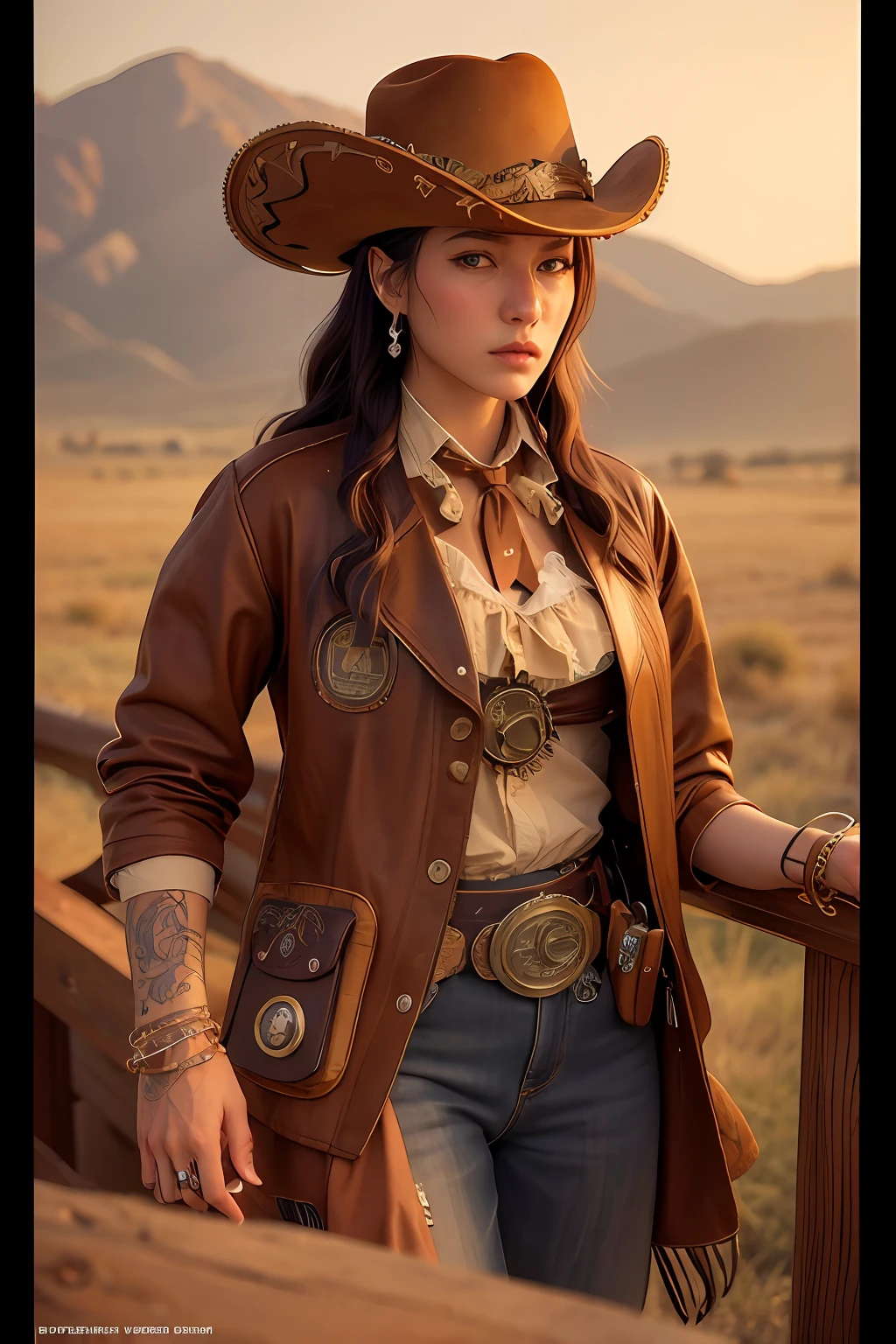 western cowboy style,photography,steampunk,best quality, realistic, photorealistic, intricate details, (delicate detailed), (intricate details), cinematic light, best quality Backlights, clear line, 8k,ultra high res,