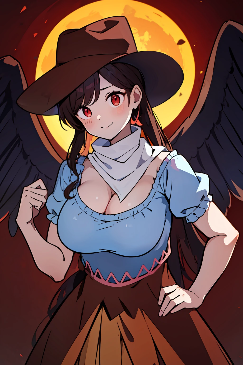 (masterpiece),best quality, expressive eyes, perfect face, 1girl,
big breast, H-cup, good breast, beautiful, gorgeous,anime,girl,lora, floating clothes, tent chest ,
 nipple visible  though clothes,Saki Kurokoma,
red eyes,
black hair,
short hair,
long ponytail,
black wings,
black horse tail,
brown cowboy hat,
brown boots,
light blue plaid shirt,
light pink shirt,
brown plaid skirt,
light orange skirt,
shoulders,
white bandana tied around neck,hands on waist, hands on hips,crazy smile,yameroyandere,yandere,crazy eyes,dark,glowing eyes,shaded face,empty eyes