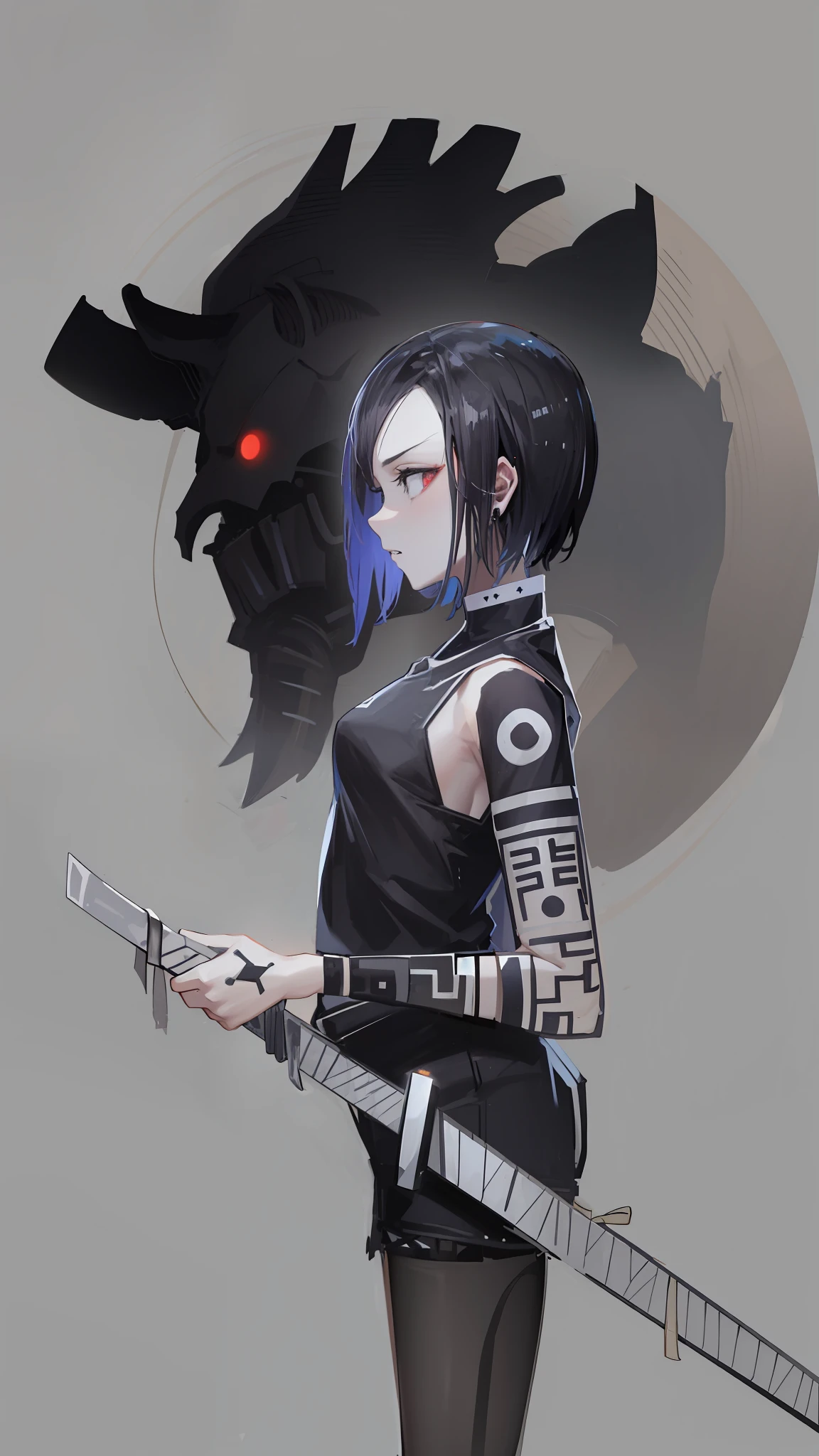 A girl holds a knife，The girl's side，With a collar around the neck，The background is a monster,  mostly greyscale, The demons，with short black hair，whitet-shirt，Black  shorts，with tattoo on the arm，bandagens，Sharp eyes，ear studs，The demons，teeth，Devil's Eye，white backgrounid，circle of the crone。