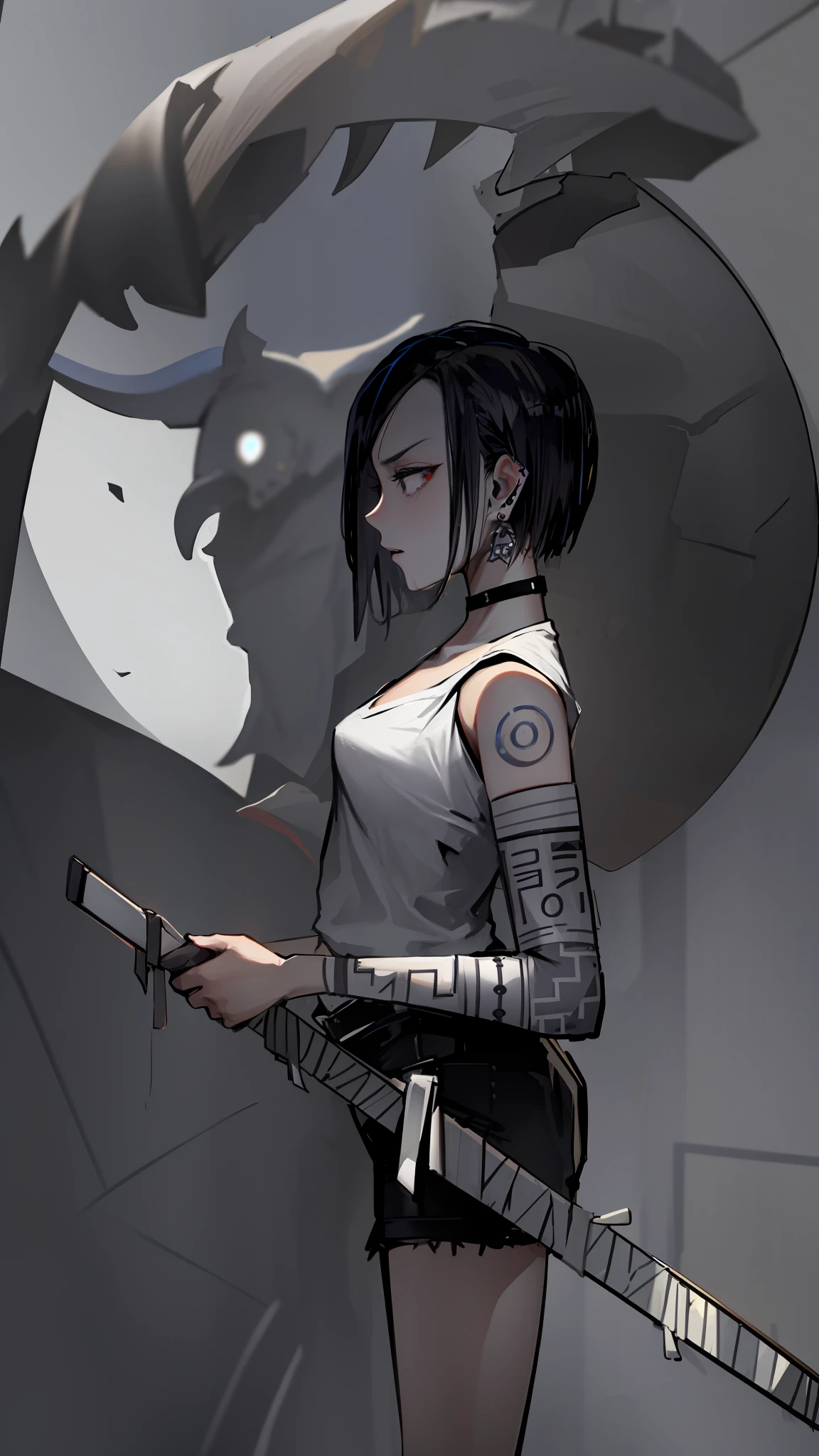 A girl holds a knife，The girl's side，With a collar around the neck，The background is a monster,  mostly greyscale, The demons，with short black hair，whitet-shirt，Black  shorts，with tattoo on the arm，bandagens，Sharp eyes，ear studs，The demons，teeth，Devil's Eye，white backgrounid，circle of the crone。