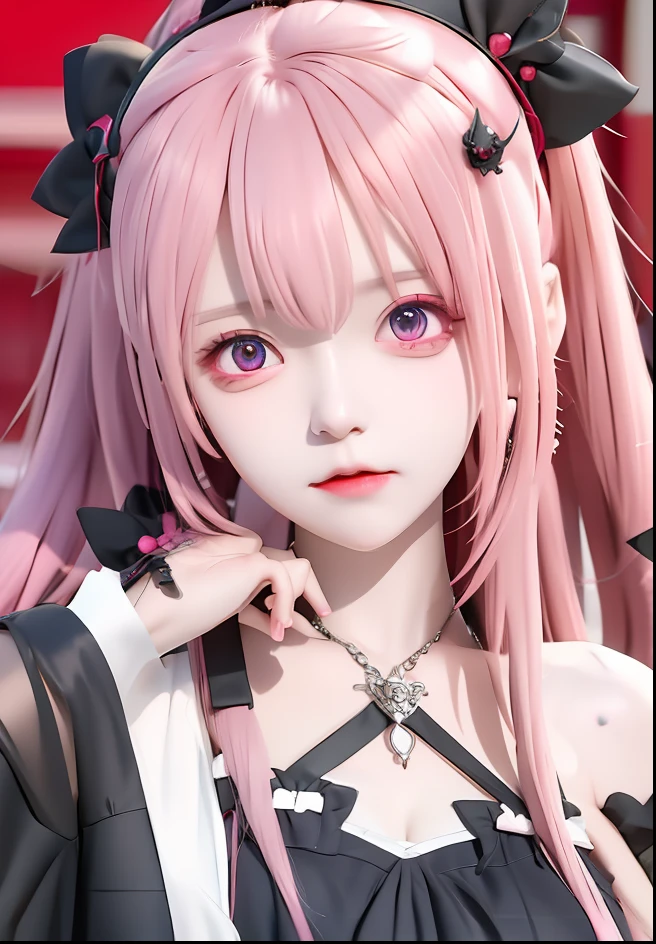 Krul Tepes ,Anime girl ,pink hair ,black shirt ,red eyes ,gothic ,realistic ,ultra detail ,70 mm lens