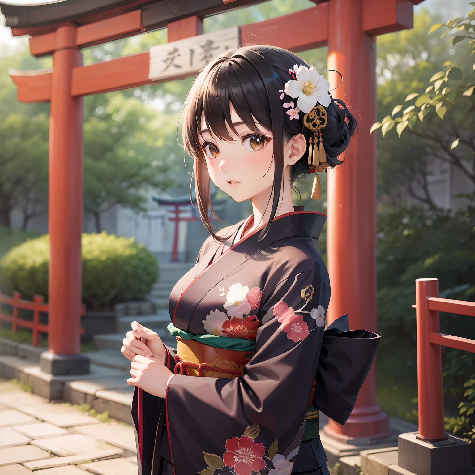 Vor einem großen Torii-Tor voller Higan-Blüten、Dunkelhaarige Frau in Kimono