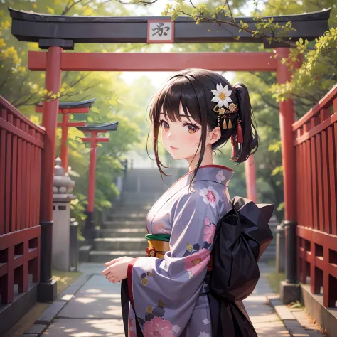 In front of a large torii gate full of higan flowers、Dark-haired woman wearing kimono