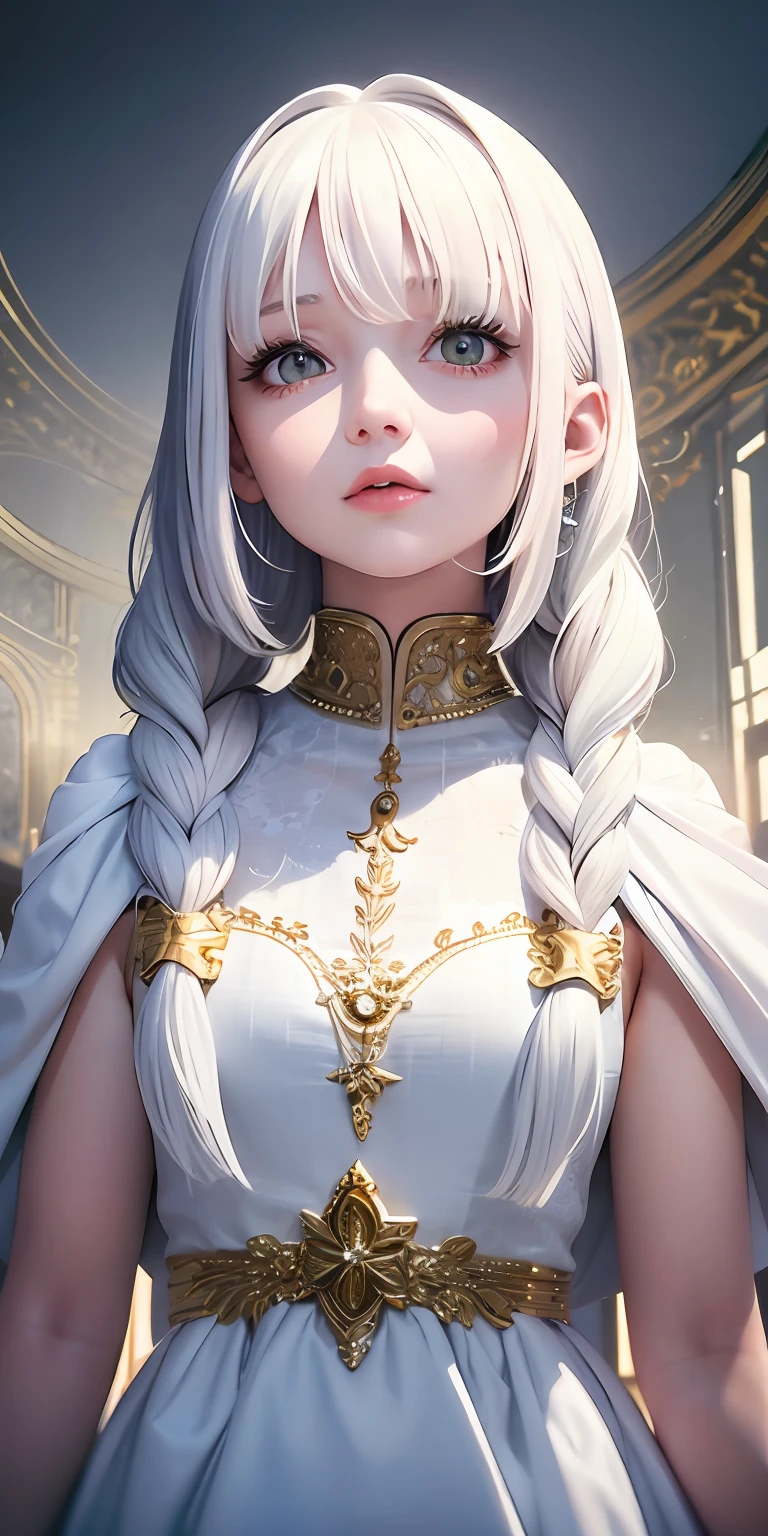 best quality, masterpiece,white hair, gold eyes,white clothes, looking up, upper body,hair strand,Fair skin,side braids