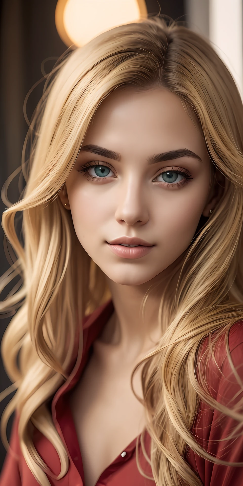 Необработанное фото, Портрет красивой блондинки в красной рубашке (скин с высокой детализацией:1.2), 8к ухд, зеркальная камера, мягкое освещение, высокое качество, зернистость, Фуджифильм XT3 --auto --s2