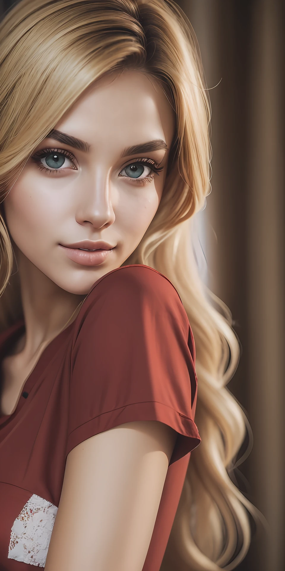 RAW photo, portrait of a beautiful blonde woman wearing a red shirt (high detailed skin:1.2), 8k uhd, dslr, soft lighting, high quality, film grain, Fujifilm XT3 --auto --s2