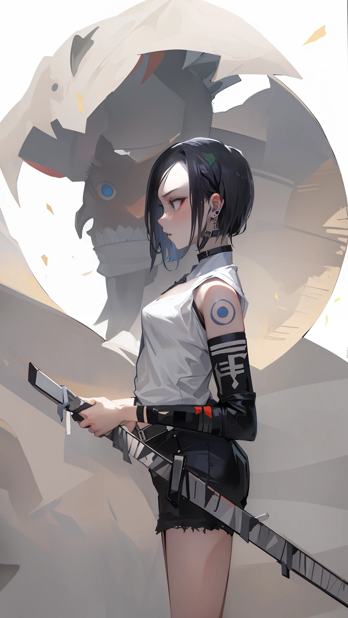 A girl holds a knife，The girl's side，With a collar around the neck，The background is a monster,  mostly greyscale, The demons，with short black hair，whitet-shirt，Black  shorts，with tattoo on the arm，bandagens，Sharp eyes，ear studs，The demons，teeth，Devil's Eye，white backgrounid，circle of the crone，（serious expressions）