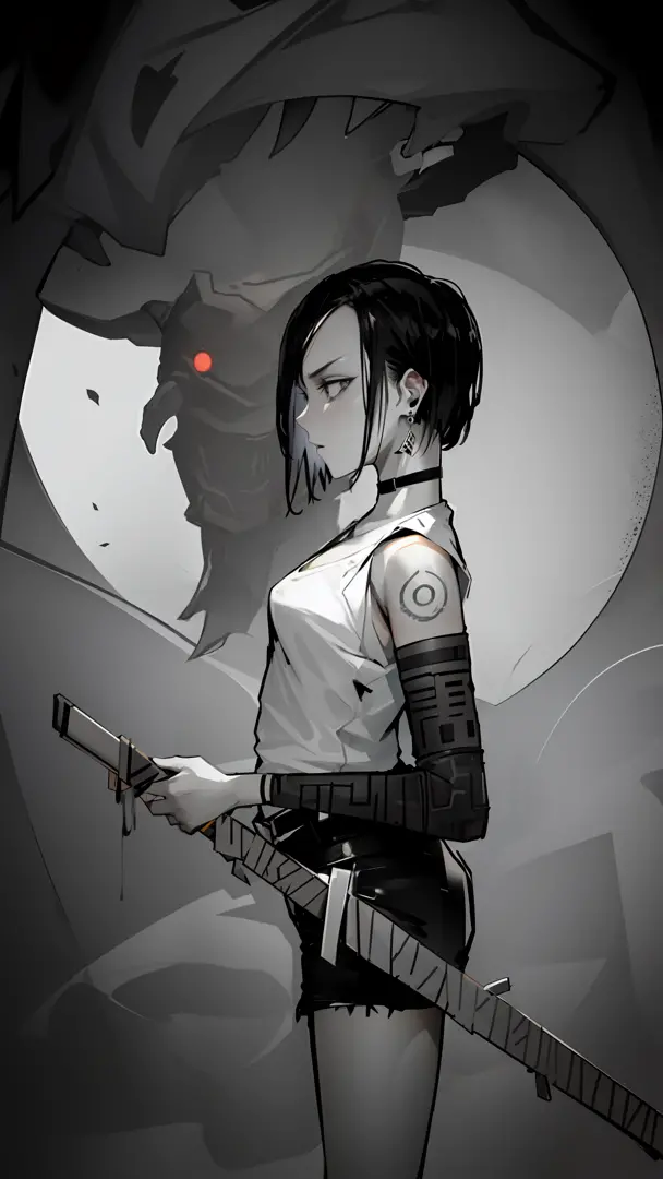 A girl holds a knife，The girl's side，With a collar around the neck，The background is a monster,  mostly greyscale, The demons，wi...