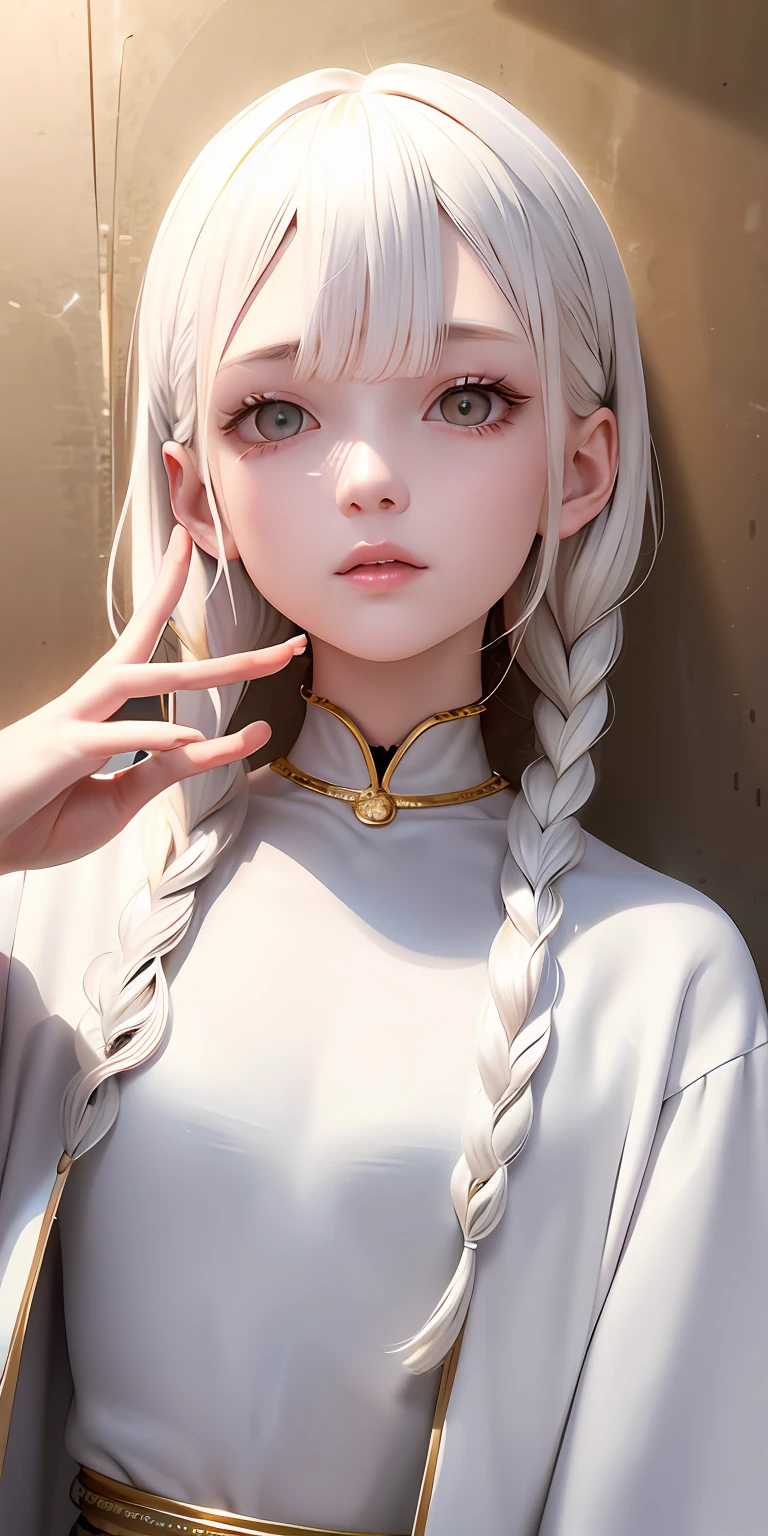 best quality, masterpiece,white hair, gold eyes,white clothes, looking up, upper body,hair strand,Fair skin,side braids