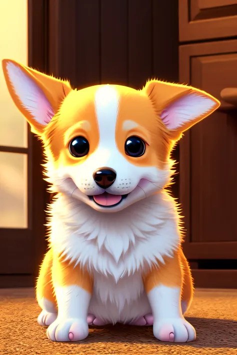 very adorable and cute white albino corgi puppy in pixar style, estilo disney, pixar animation, design de personagens, renderman...