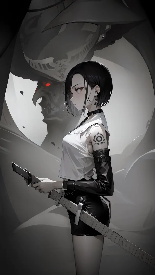 A girl holds a knife，The girl's side，With a collar around the neck，The background is a monster,  mostly greyscale, The demons，wi...
