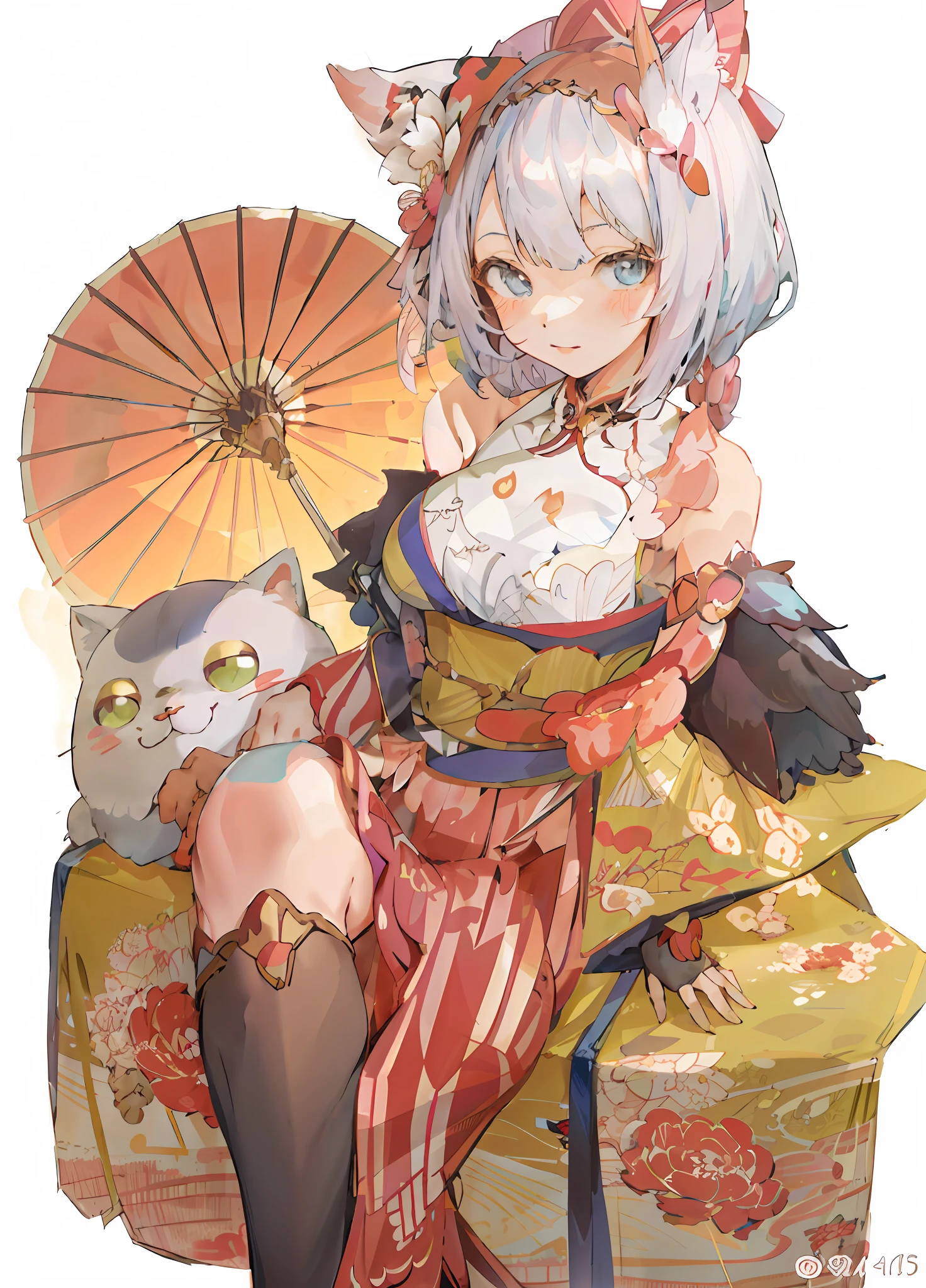 Anime girl sitting on chair with cat and umbrella, beautiful anime catgirl, in a kimono, komono, seductive anime girls, shikamimi, cute anime waifu in a nice dress, Ayaka Genshin impact, Best anime 4k konachan wallpaper, onmyoji, beautiful and seductive anime woman, anime woman, Onmyoji detailed art