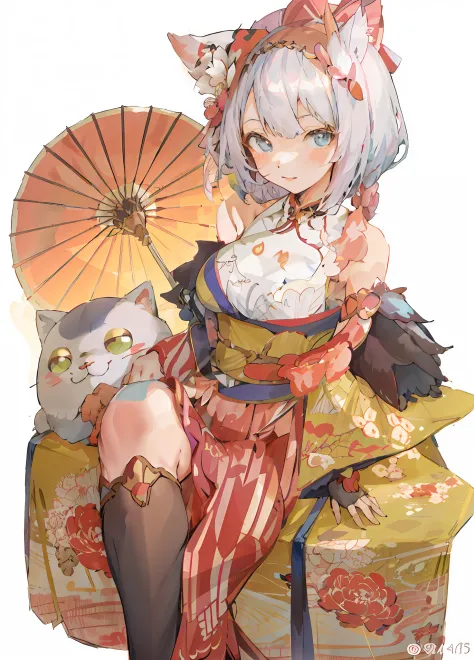 anime girl sitting on chair with cat and umbrella, beautiful anime catgirl, in a kimono, komono, seductive anime girls, shikamim...