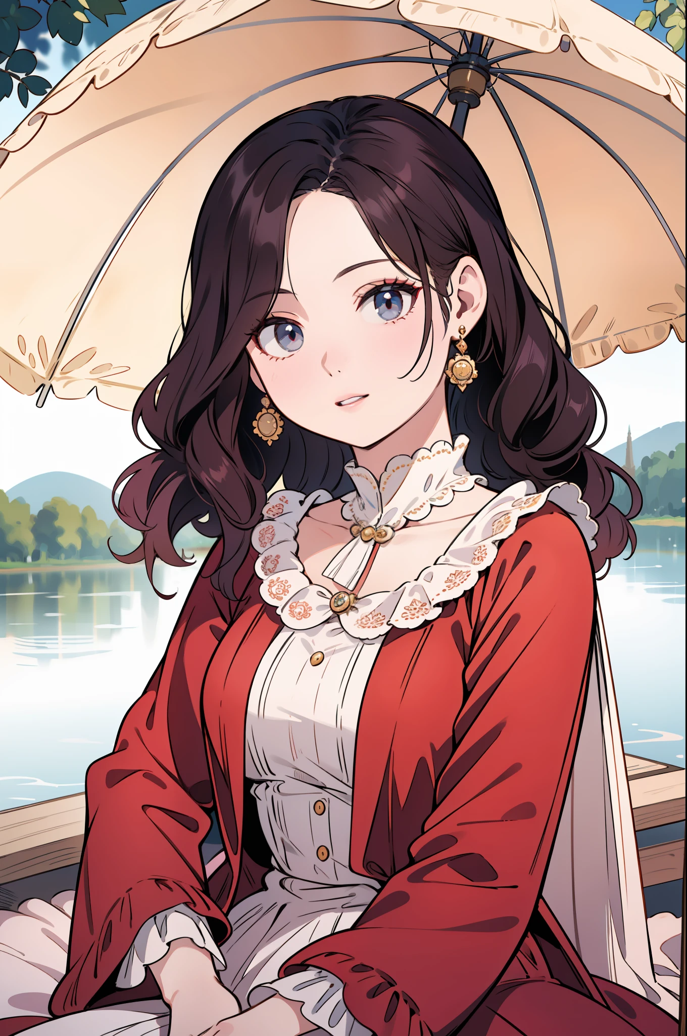 beat quality, beautiful woman sitting by the lake, having a picnic, victorian dress, parasol, perfect face, big gorgeous eyes, curly long hair, soft smile, parted lips, soft tones, in style of oil painting, clean lines, realism, 8k