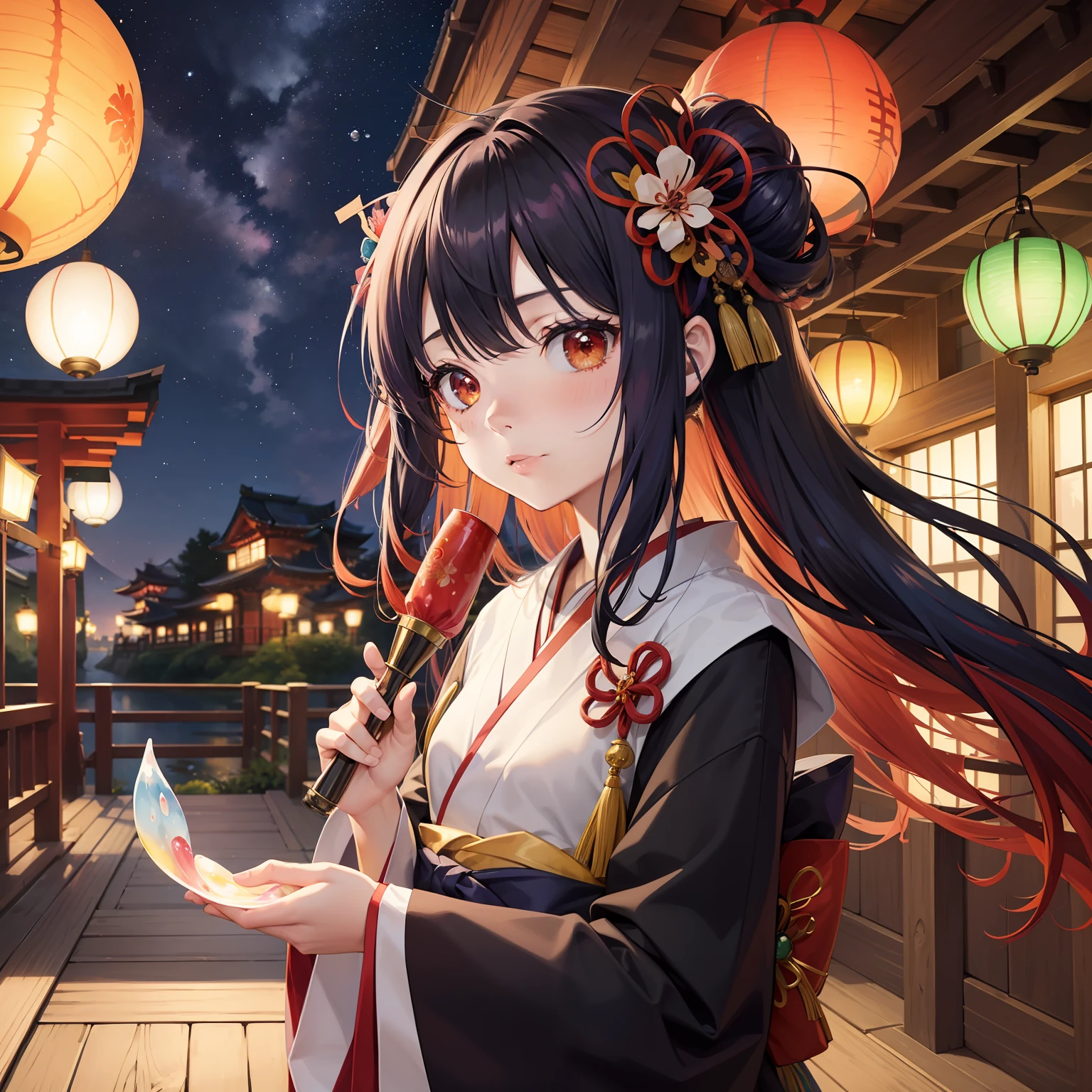 watercolor paiting(Beautifully Aesthetic:1.2)、(1girl in:1.3)、(Higanbana Hair、colourful hair、Half black and half red hair:1.2)、Eau、liquids、natta、colourfull、starrysky、stele、nigh sky、a dark night、Japanese dress、Otorii Mae、Landscape painting、glowing lanterns、Fantastical、lycoris flower、shrines、Floating soap bubbles、