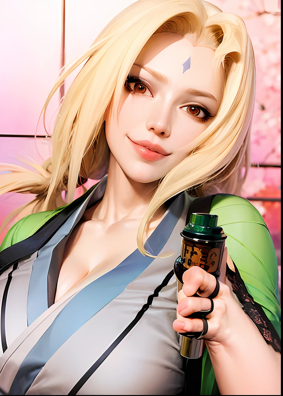 (bestquality,masterpiece), TsunadeNS, solo, japanese_clothes, breasts, large_breasts, kimono, cleavage, smile, lips, bare_shoulders, indoors, alcohol, bottle, sake_bottle, cup, holding, off_shoulder, indoor background, realistic, ultra detail