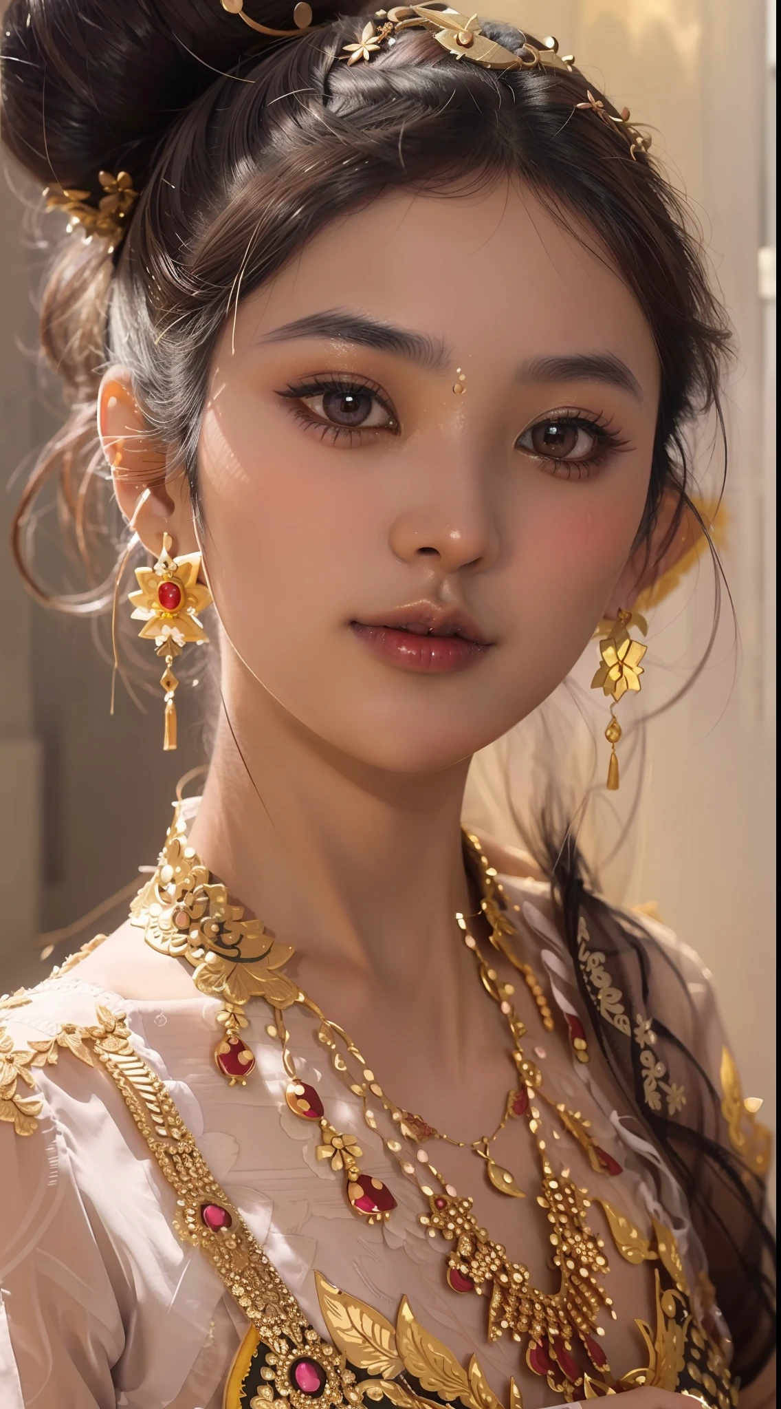 Realistic, authentic, Masterpiece, beautiful and amazing , Burmese traditional costume, beautiful 22 yo girl, detail face,((( hyper realistic skin texture))), hyper realistic eye detail skin , ultrarealistic photo shot, full body shot. Charming dress, beautiful  standing pose.