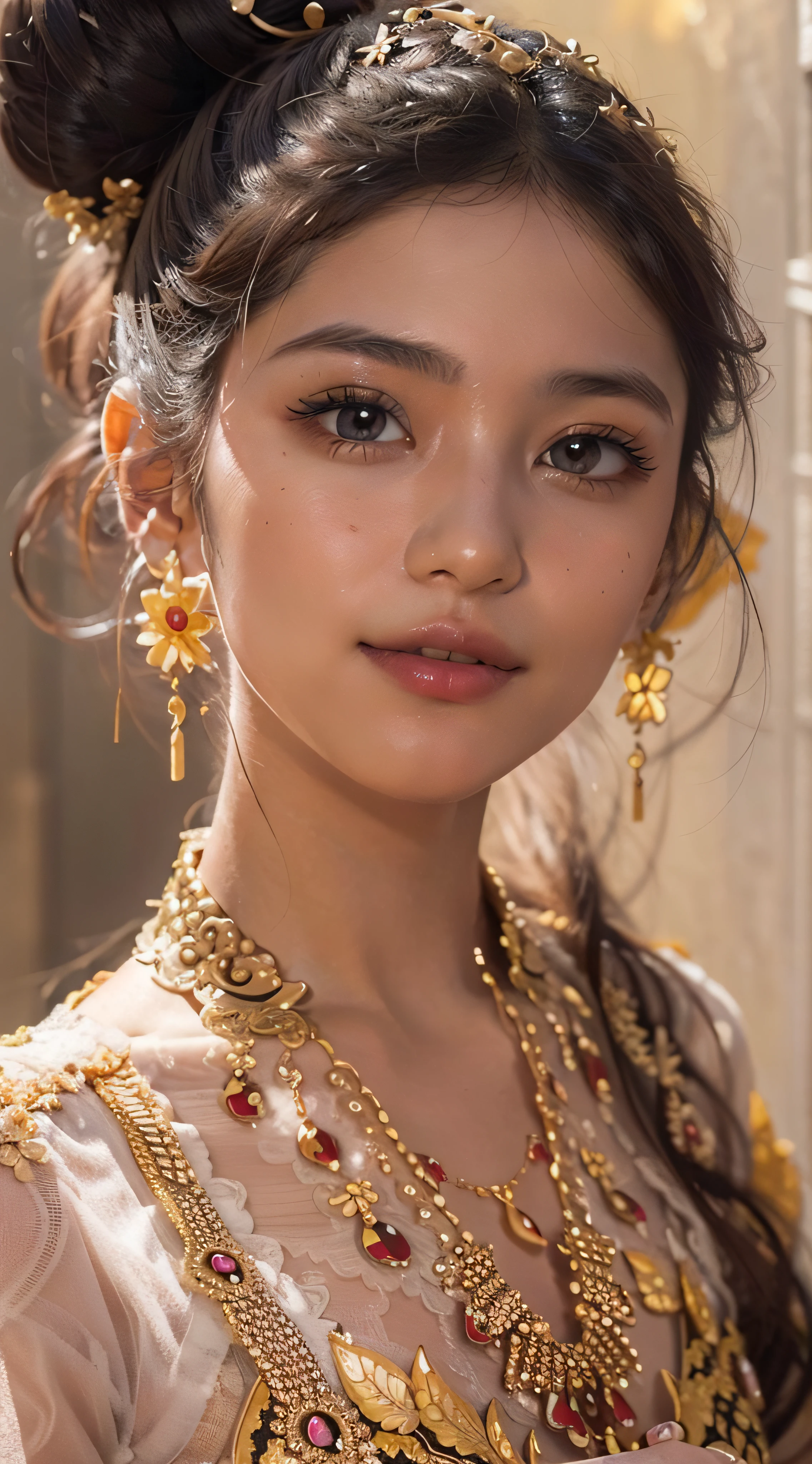 Realistic, authentic, Masterpiece, beautiful and amazing , Burmese traditional costume, beautiful 22 yo girl, detail face,((( hyper realistic skin texture))), hyper realistic eye detail skin , ultrarealistic photo shot, full body shot. Charming dress, beautiful  standing pose.