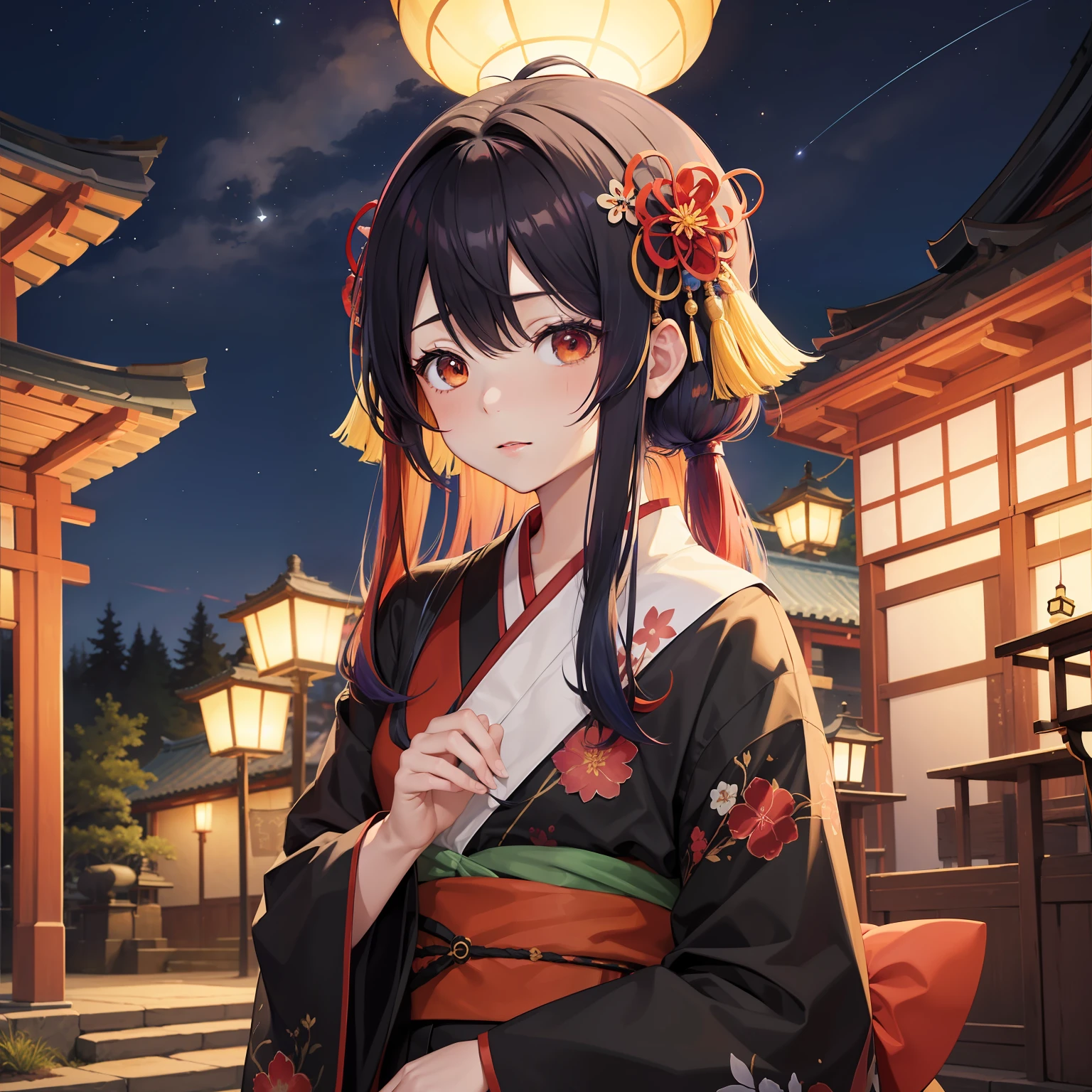 watercolor paiting(Beautifully Aesthetic:1.2)、(1girl in:1.3)、(Higanbana Hair、colourful hair、Half black and half red hair:1.2)、Eau、liquids、natta、colourfull、starrysky、stele、nigh sky、a dark night、Black kimono、Otorii Mae、Landscape painting、glowing lanterns、Fantastical、Licorice flowers bloom profusely、shrines、dance、music