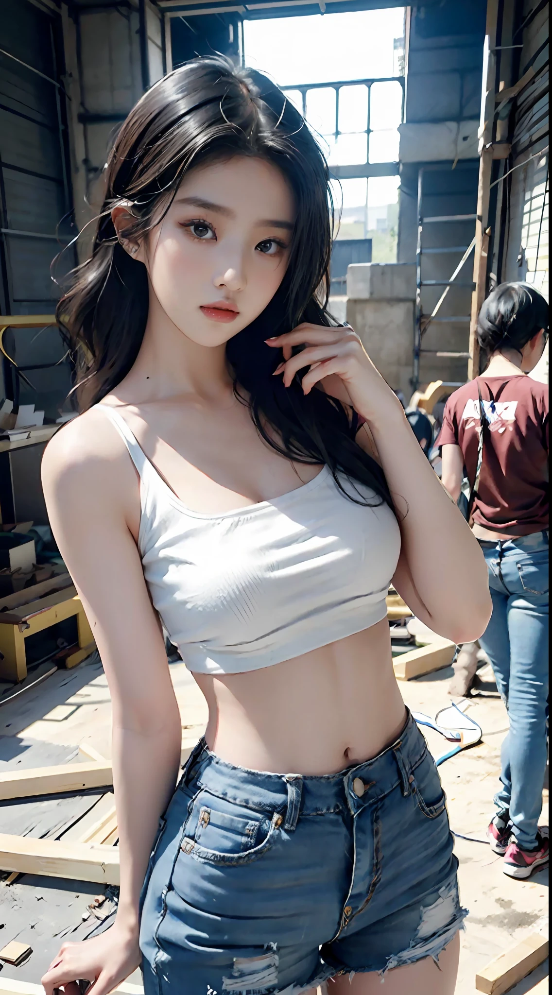 Girl posing for photo in white bra and tight denim skirt，full bodyesbian，With a cropped T-shirt、brassier，Slim body，Larger bust，Slim girl model，24 years old female model，Lying on the construction site，A group of black men watched