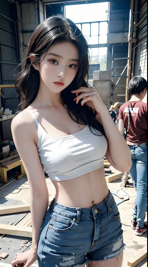 Girl posing for photo in white bra and tight denim skirt，full bodyesbian，With a cropped T-shirt、brassier，Slim body，Larger bust，S...