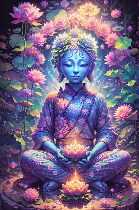 There is a lotus flower glowing in the dark, a glowing flower, a glowing flower, a Buddha sitting on a lotus flower, a magical c...