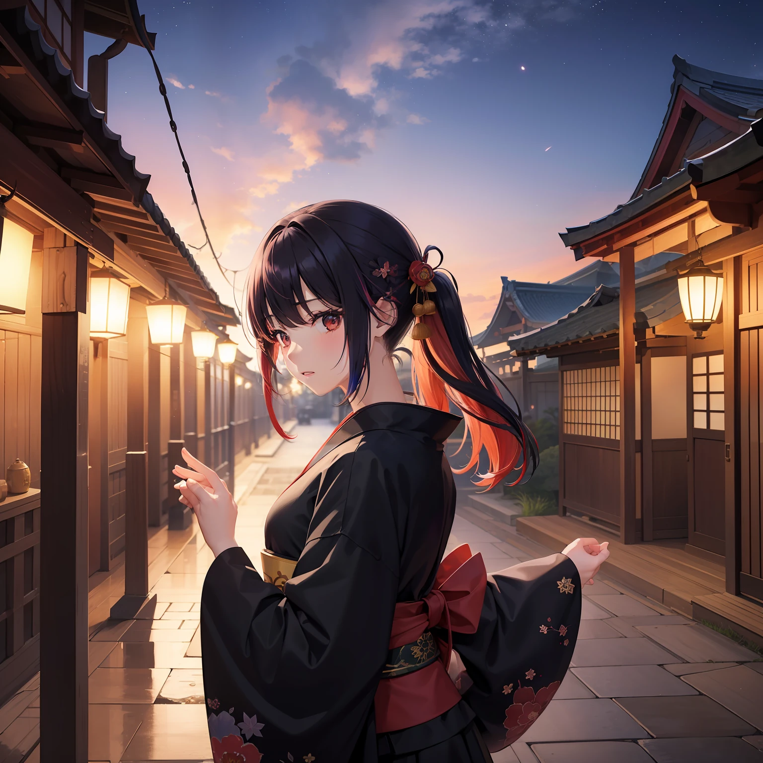 watercolor paiting(Beautifully Aesthetic:1.2)、(1girl in:1.3)、(Higanbana Hair、colourful hair、Half black and half red hair:1.2)、Eau、liquids、natta、colourfull、starrysky、stele、nigh sky、a dark night、Black kimono、Otorii Mae、Landscape painting、glowing lanterns、Fantastical、Licorice flowers bloom profusely、shrines、dance、music