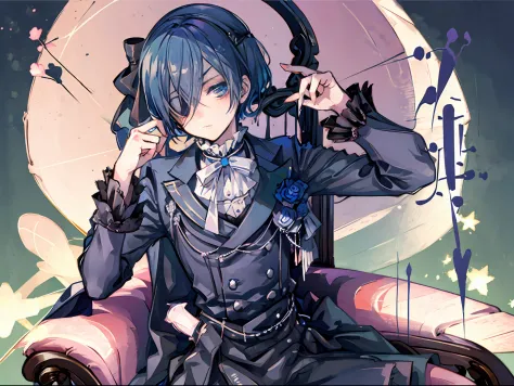 ciel phantomhive, sitting on a chair, not wearing pants, opening his thighs wide, , naked, blush face, ((1boy)), nsfw