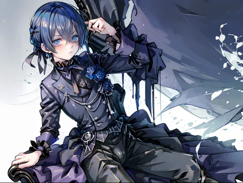 ciel phantomhive, sitting on a chair, not wearing pants, opening his thighs wide, , naked, blush face, ((1boy)), nsfw