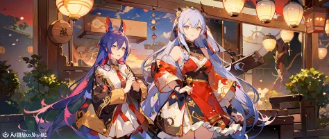 Anime characters in shop windows with oriental decorations, 《azur lane》role, A scene from the《azur lane》videogame, onmyoji, Kant...