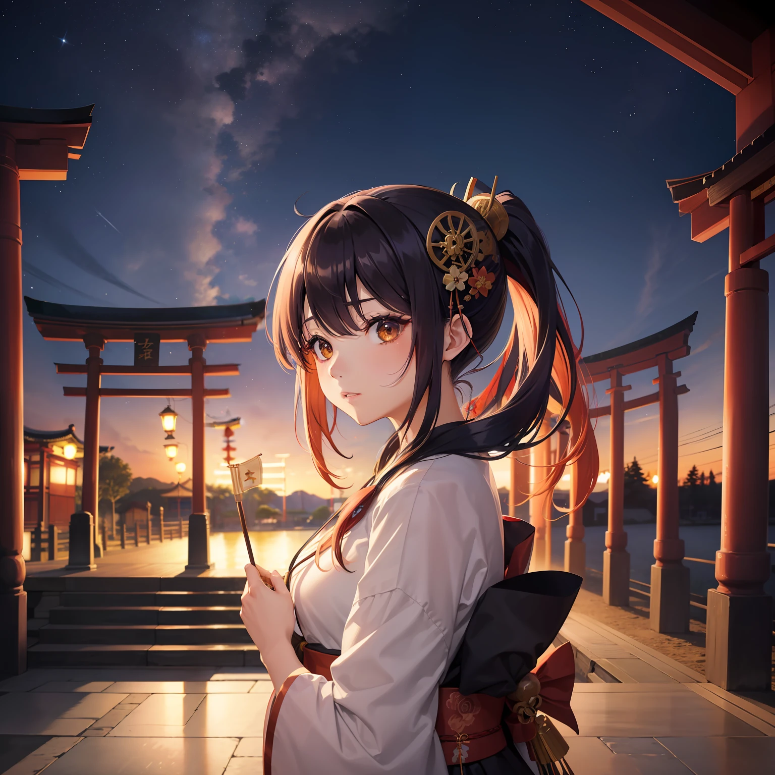 watercolor paiting(Beautifully Aesthetic:1.2)、(1girl in:1.3)、(Higanbana Hair、colourful hair、Half black and half red hair:1.2)、Eau、liquids、natta、colourfull、starrysky、stele、nigh sky、a dark night、Black kimono、Dancing in front of a large torii gate、Landscape painting、glowing lanterns、Fantastical、Evening primrose blooms profusely、shrineystical、