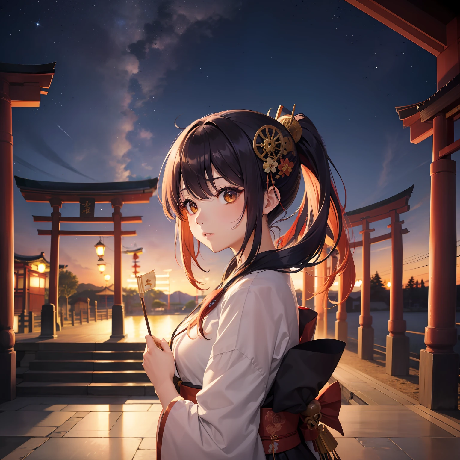 watercolor paiting(Beautifully Aesthetic:1.2)、(1girl in:1.3)、(Higanbana Hair、colourful hair、Half black and half red hair:1.2)、Eau、liquids、natta、colourfull、starrysky、stele、nigh sky、a dark night、Black kimono、Dancing in front of a large torii gate、Landscape painting、glowing lanterns、Fantastical、Evening primrose blooms profusely、shrines、mystical、