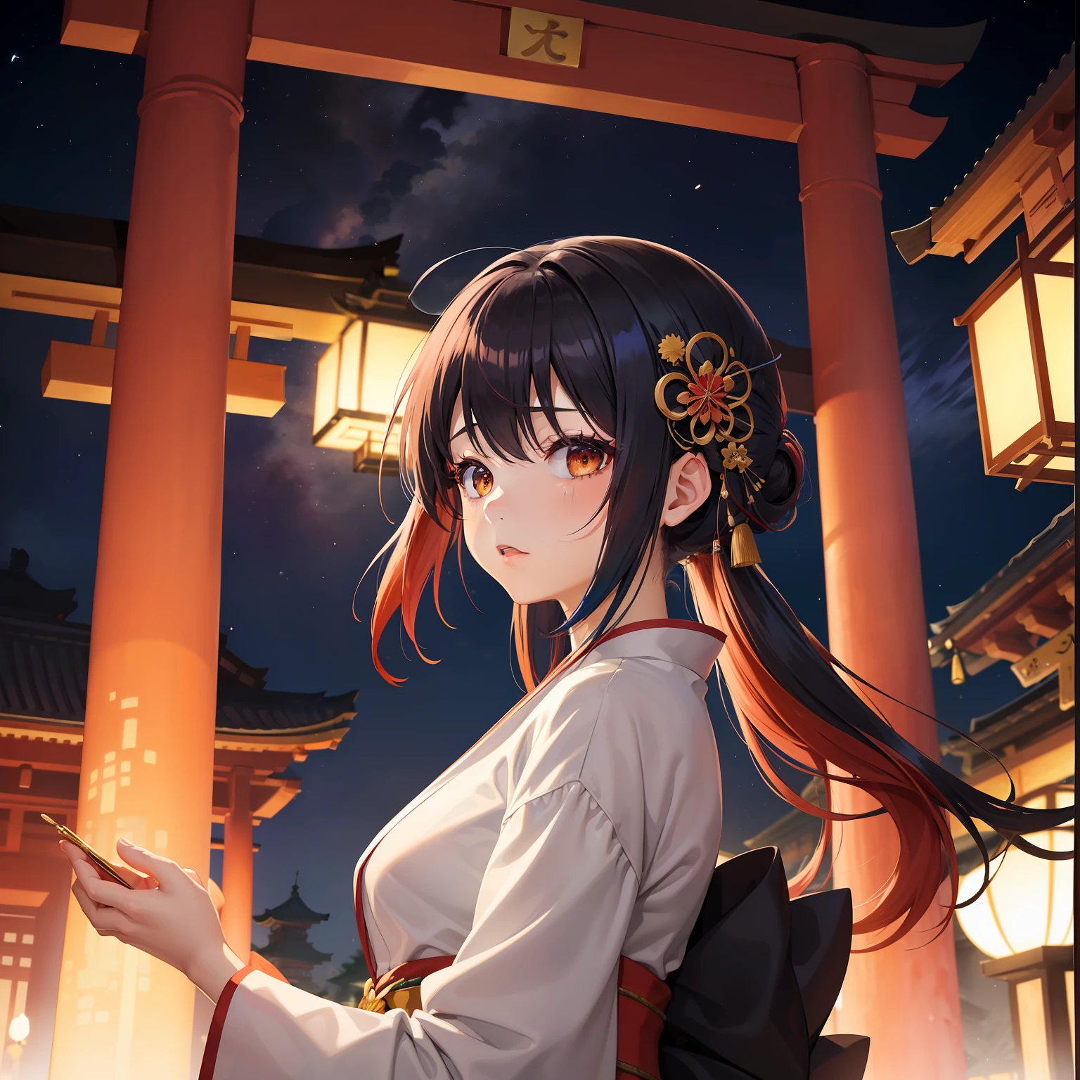 watercolor paiting(Beautifully Aesthetic:1.2)、(1girl in:1.3)、(Higanbana Hair、colourful hair、Half black and half red hair:1.2)、Eau、liquids、natta、colourfull、starrysky、stele、nigh sky、a dark night、Black kimono、Dancing in front of a large torii gate、Landscape painting、glowing lanterns、Fantastical、Evening primrose blooms profusely、shrines、mystical、