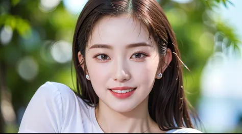 extremely detailed eyes, extremely detailed face, best quality ,masterpiece, extremely detailed, ultra-detailed, (realistic, photo-realistic:1.3), smile, (facing front), looking at viewer, white shirt, sunny day, outdoor, 1girl upperbody