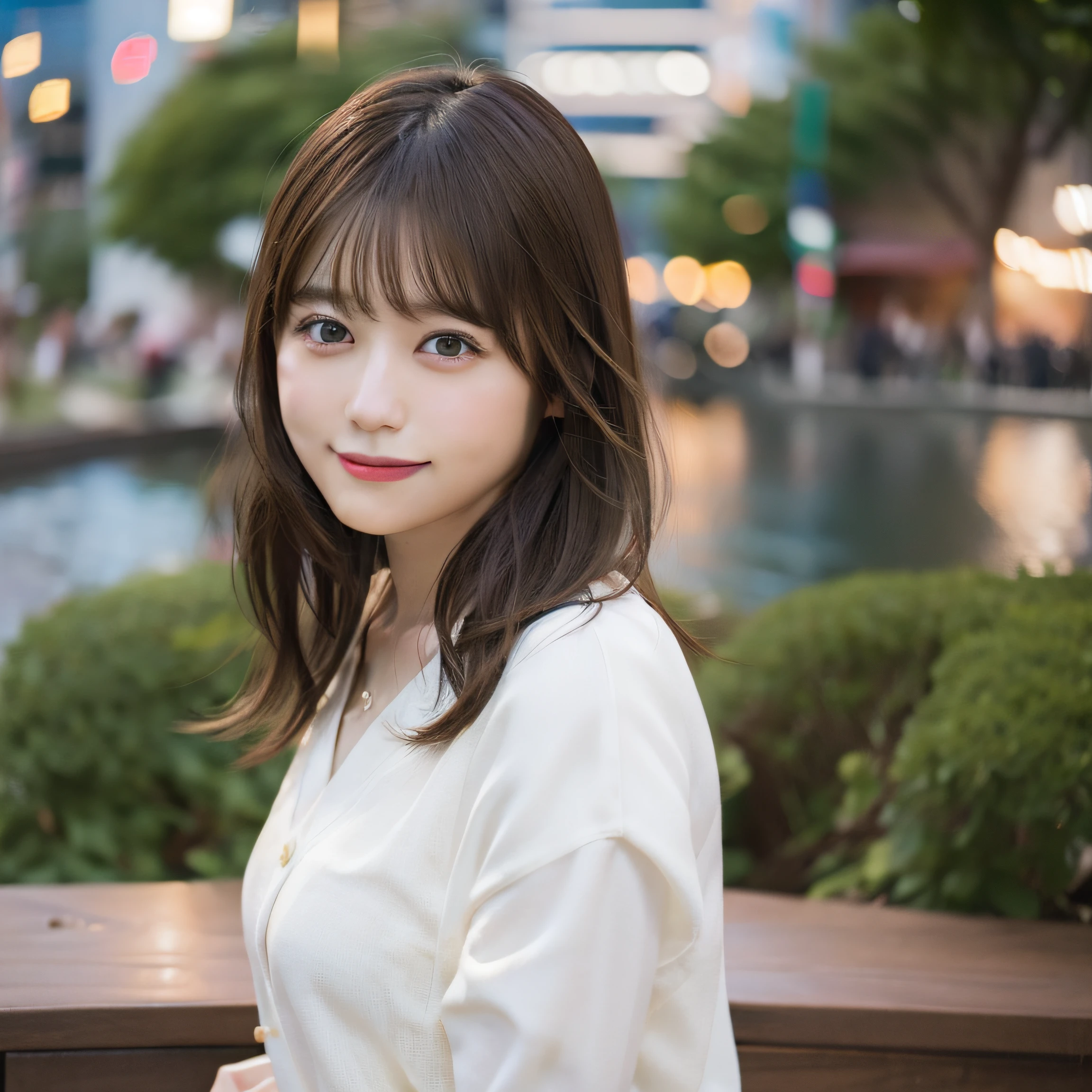 8K,Best Quality, 超A high resolution, (Photorealistic:1.4), Raw photo, (upper thigh:1.3, From Side:1.1), (Bokeh:1.4), (in a suite),Waterside Cafe, 1日本人の女の子, Cute, (Solo:1.6), (Shy smile), (Dark brown eyes), Smooth skin, (Brown medium hair,Bangs), (touch hair:1.4),nogizaka,a park,Fashionable clothes、full bodyesbian、:1.3