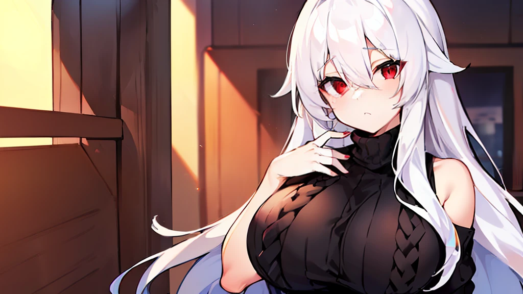 mejor calidad, woman, (((white long hair))), ((((hip length turtleneck sweater black)))), ((red eyes)), big breast, bangs between the eyes,bangs between the eyes, full body, bedroom, nsfw