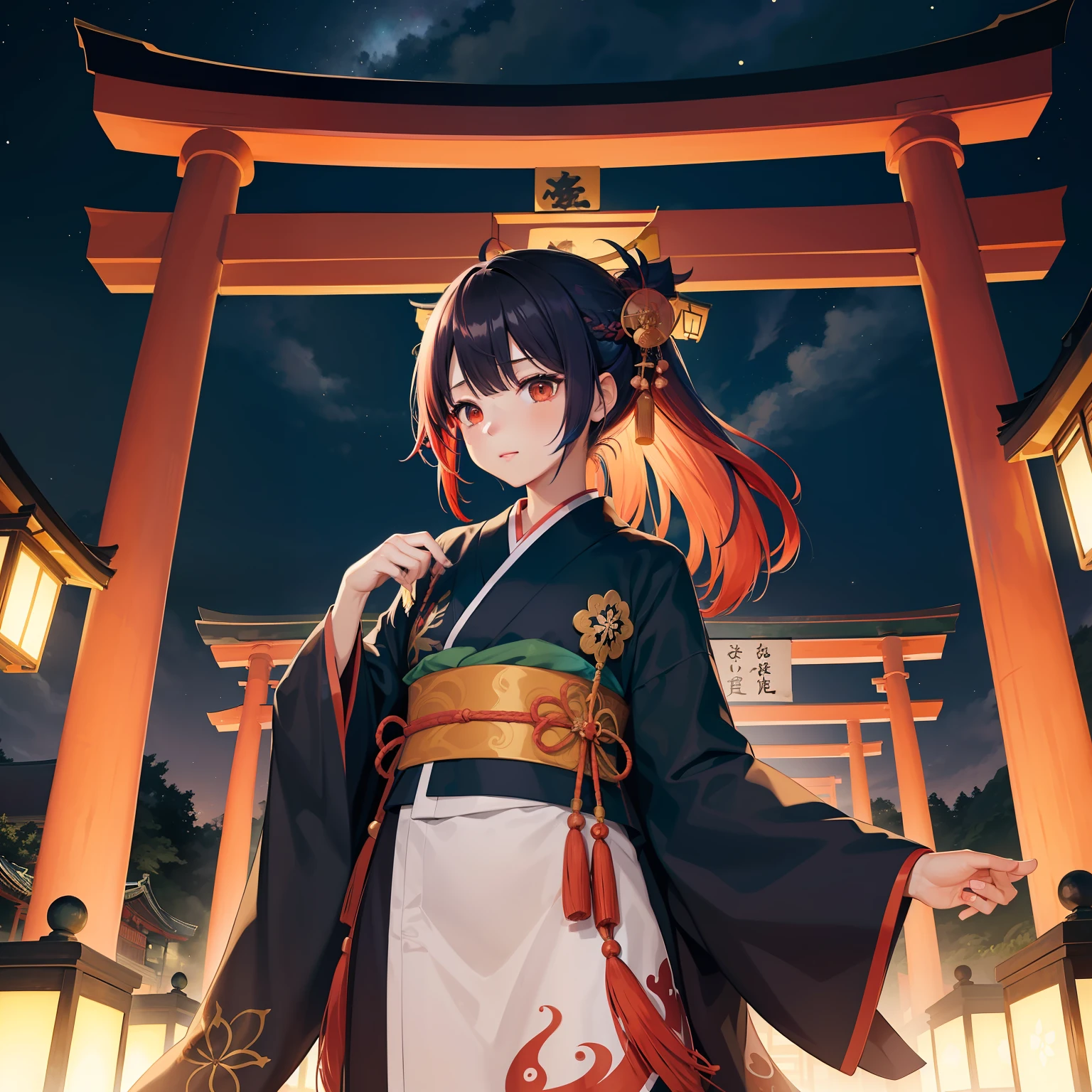 watercolor paiting(Beautifully Aesthetic:1.2)、(1girl in:1.3)、(Higanbana Hair、colourful hair、Half black and half red hair:1.2)、Eau、liquids、natta、colourfull、starrysky、stele、nigh sky、a dark night、Black kimono、Dance in front of a large torii gate、Landscape painting、glowing lanterns、Fantastical、shrineystical、the whole、