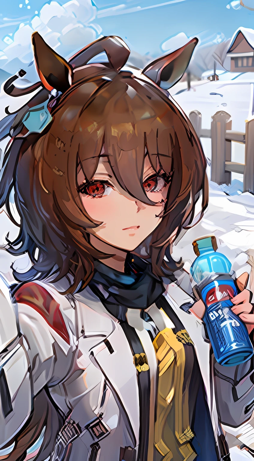 Close-up of a person holding a water bottle, anime girl drinks energy drink,、crisp clear rpg portrait, By Shinkai Makoto ( Apex Legends ), Fine details、(best quality,ultra detailed) 、Agnes Tachyon(umamusume) 、winter、snowcity、selfie